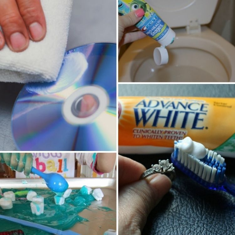 Toothpaste cleaning hacks collage photo fix scratched cd, clean toilet, sensory play, cleaning silver ring with toothpaste