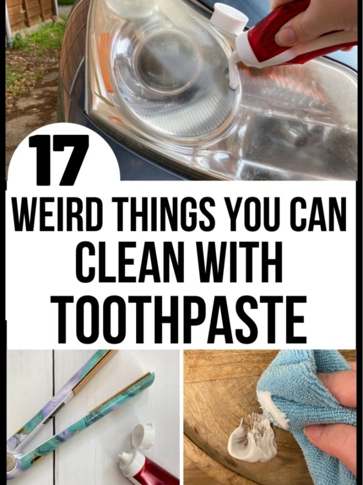 Toothpaste cleaning hacks collage cleaning car lights, cleaning hair straightner, cleaning surface with a microfiber cloth