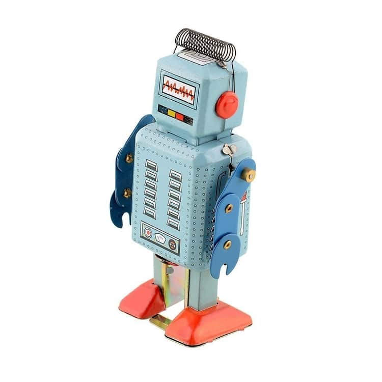 Blue robot with red feet and royal blue arms. Vintage inspired robot from the Jetson's era. Toy robot gift idea for those you love.