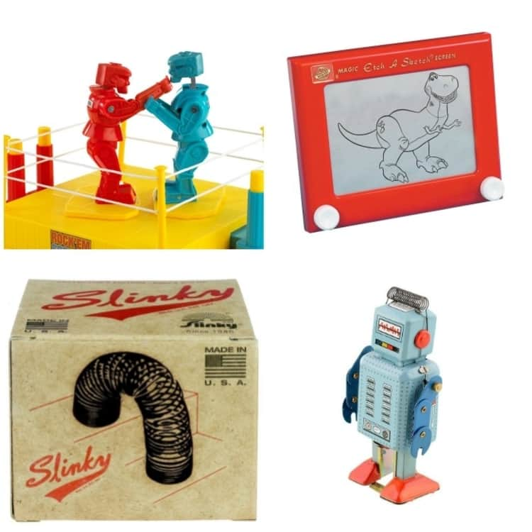 Collage photo of etch a sketch, vintage robot toy, slinky, and vintage wrestling toy. Collage for vintage gift toy ideas. 