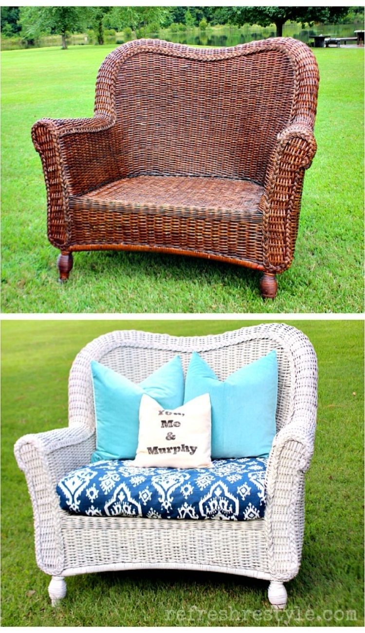 an oversized wicker chair furniture makeover with new paint and pillows