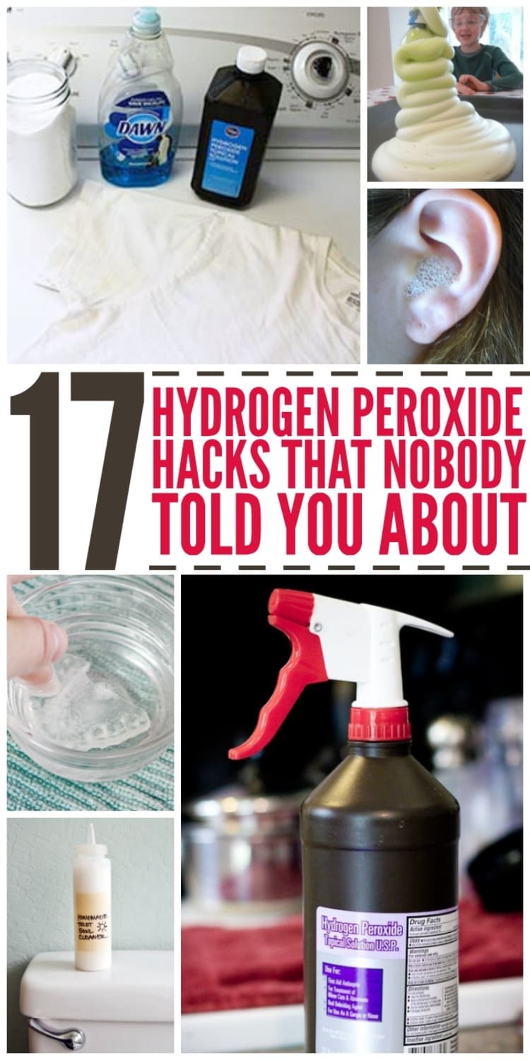 17 Hydrogen Peroxide Hacks No One Told You About collage white t-shirt with baking soda, dawn soap, hydrogen peroxide, elephant toothpaste, ear cleaning, hydrogen peroxide with a spray bottle