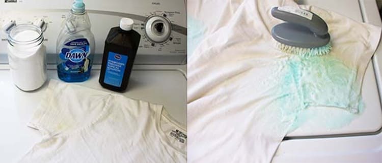 a jar of baking soda, down soap, hydrogen peroxide bottle and a white t-shirt