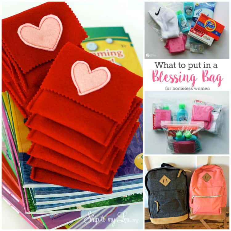Pay It Forward Ideas: A set of crayons and coloring books, a women's blessing bag, and backpacks for giving back