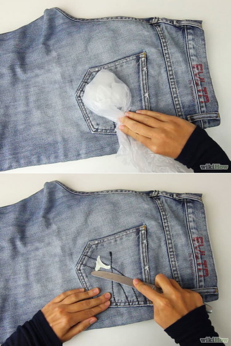 clothing hacks collage removing gum from jeans first image putting ice on it, second - scrubbing the bubble gum