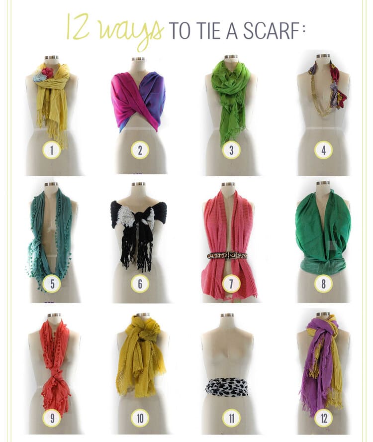 12 ways to tie a scarve with 12 manequinns and different scarves tied in different ways