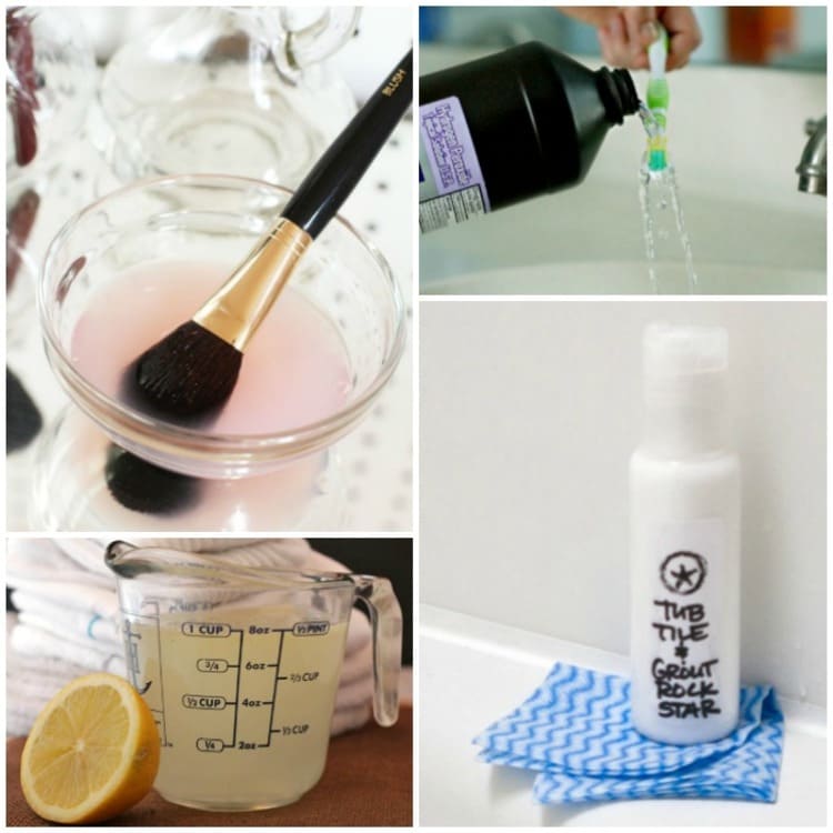 hydrogen peroxide uses collage with ideas like cleaning makeup brushes, lemon cleaning solution in a measuring cup, toothbrush cleaned by a toothbrush, diy soliton cleaning