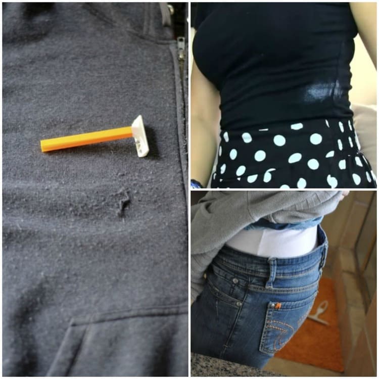 clothing hacks collage remove pills with razor, remove white stains, hide the jeans back gap
