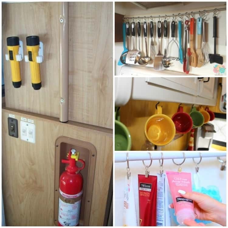 A collage showing broom holders used to hold flashlights, utensils handing from a dowel on s-hooks, coffee mugs hanging from hooks under the kitchen cabinet and shower products hanging from a shower curtain rod.