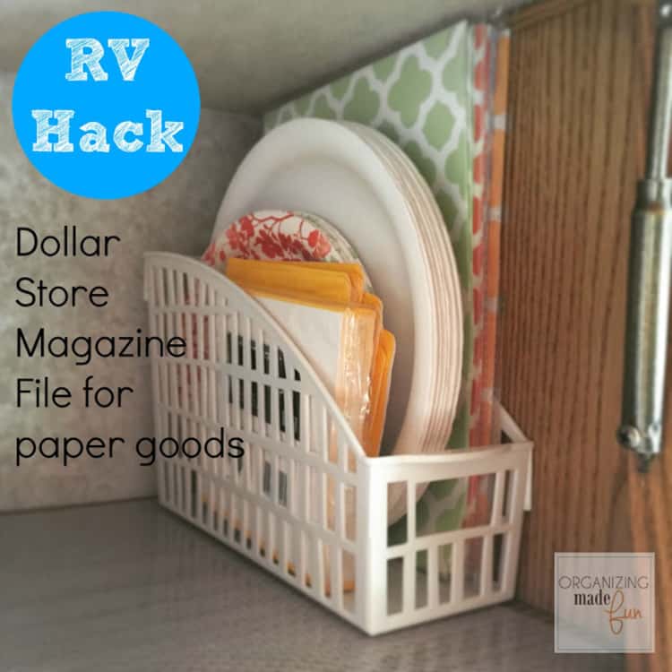 plastic magazine holder storing various paper plates and napkins