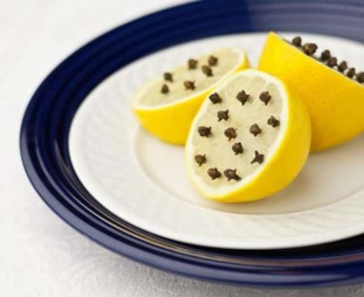 Halved lemons with cloves pushed into the fruit