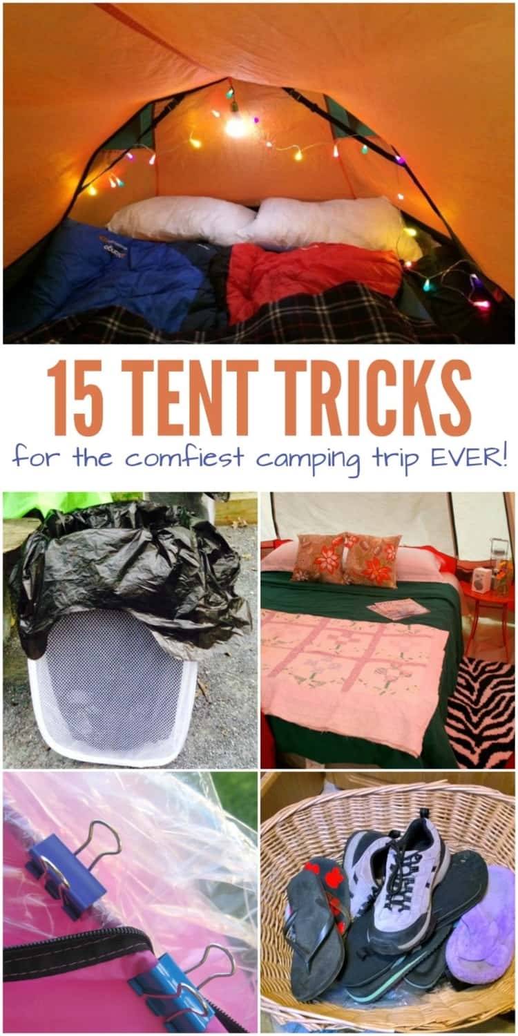 15 Tent Hacks for the Comfiest Camping Trip Ever - a collage showing twinkle lights hanging in a tent, a hamper used as a trash can, binders used to hold a plastic sheet over a tent and shoes placed in a basket at the entrance of a tent