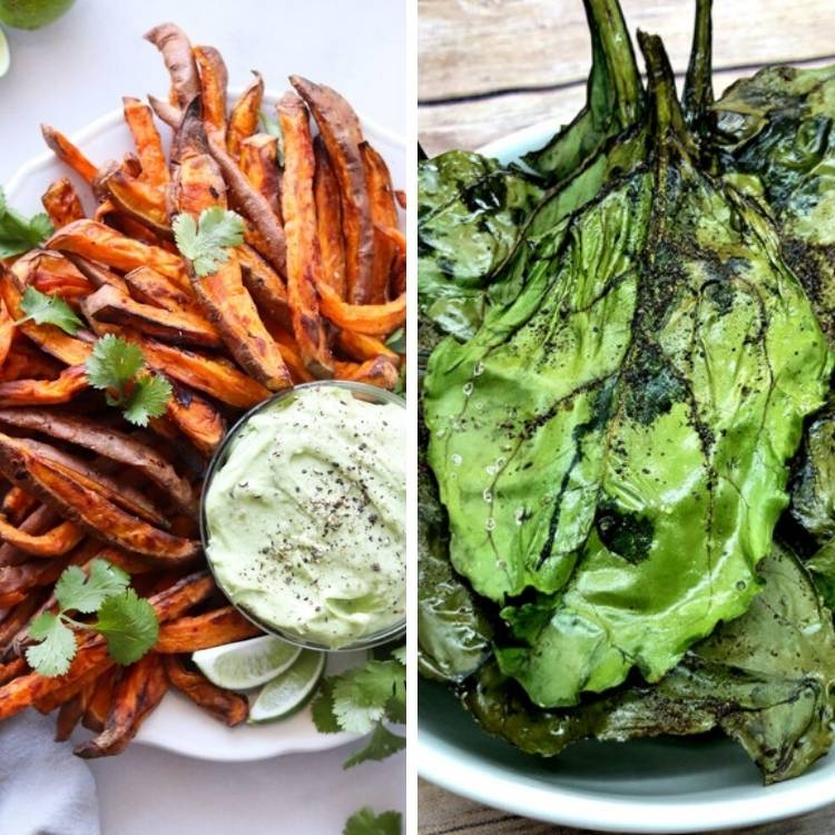 sweet potato fries and grilled leaves for quick plant based meals