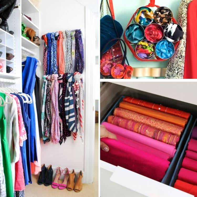 Scaves organized in fun and cool different ways in the closet and more