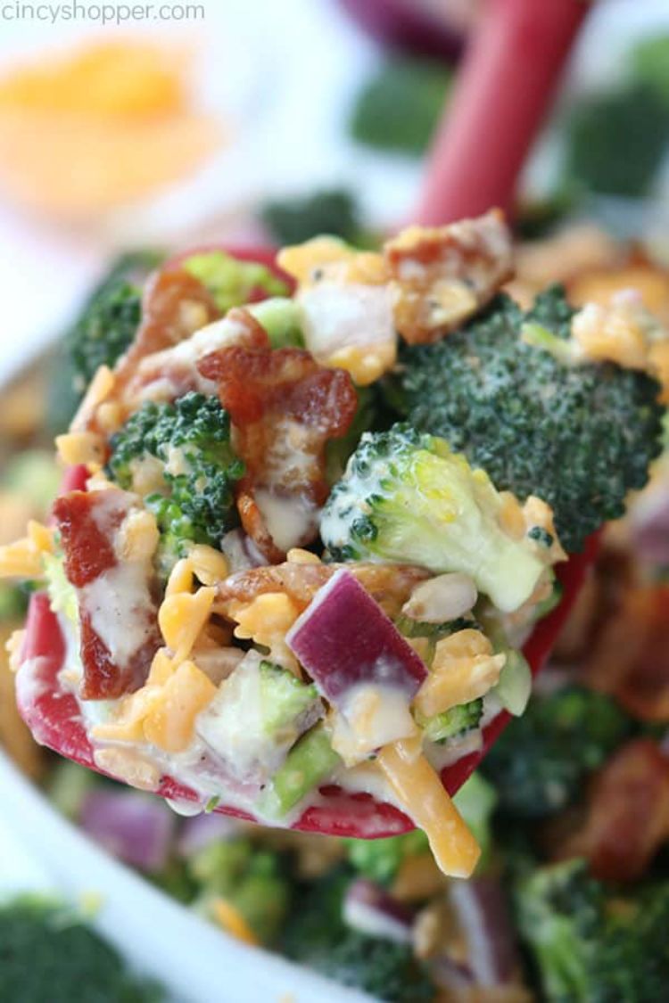 broccoli salad with creamy dressing, bacon and cheese