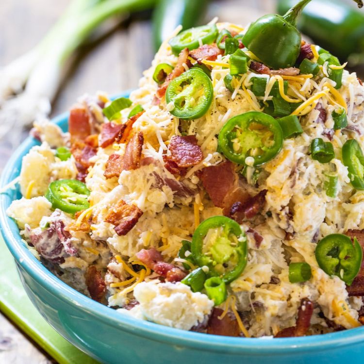 potato salad made with red potatoes, bacon, cheese, and jalapenos