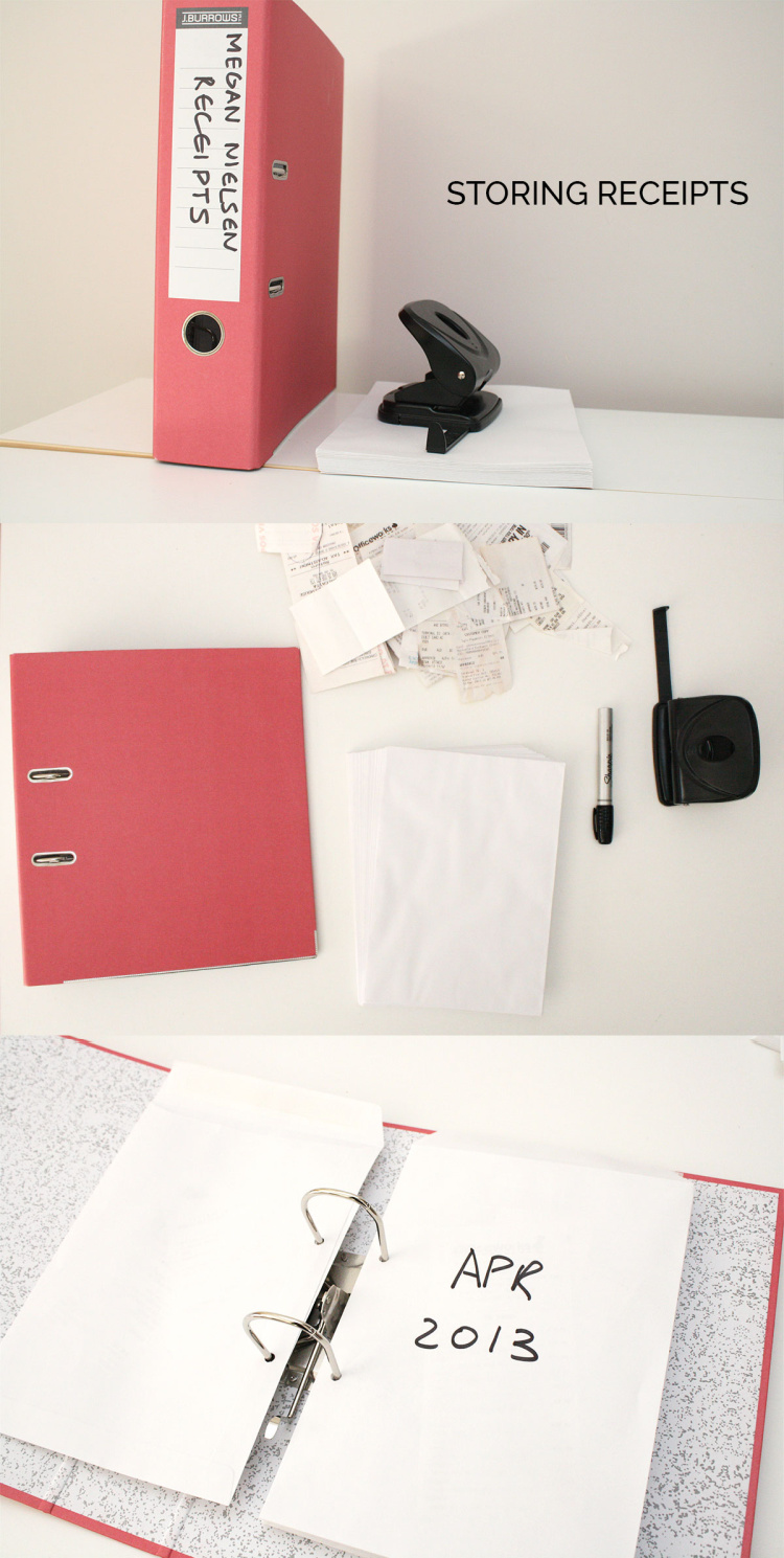 storing receipts in envelopes inside a binder