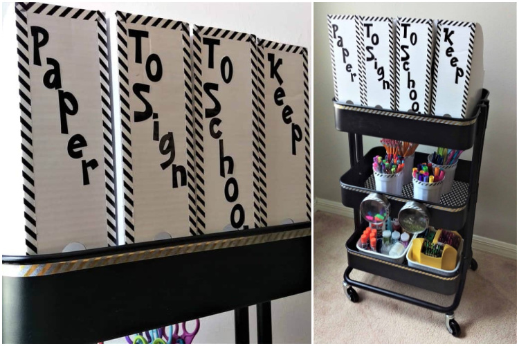 homework station with paper organization on top shelf