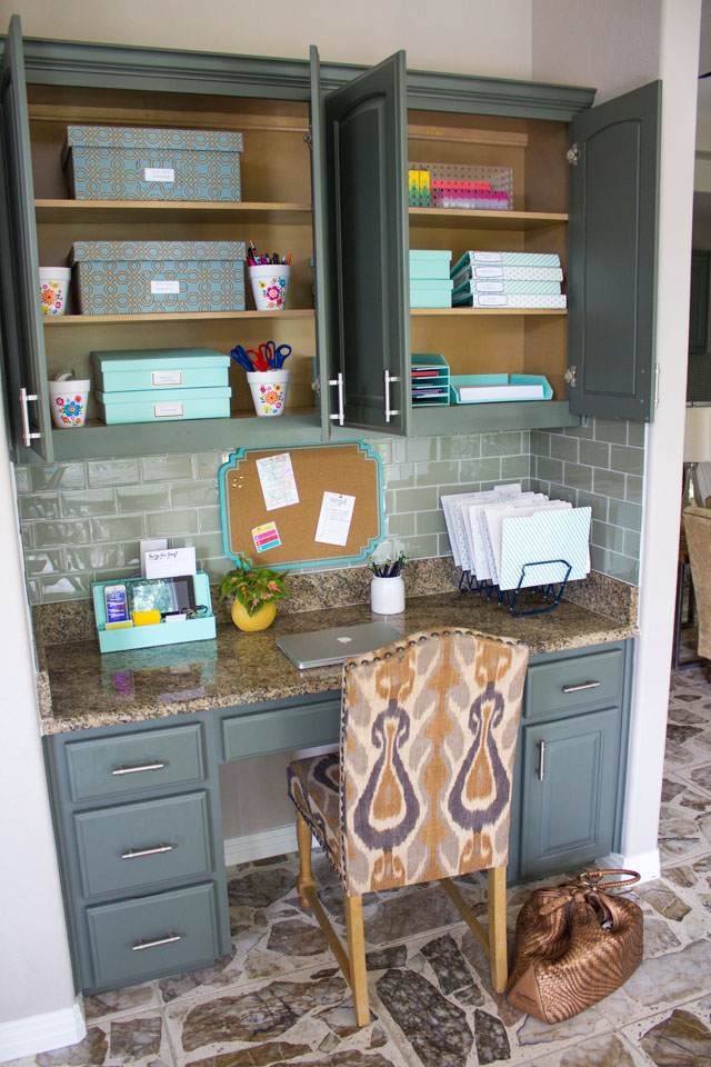 desk with multiple paper storage solutions