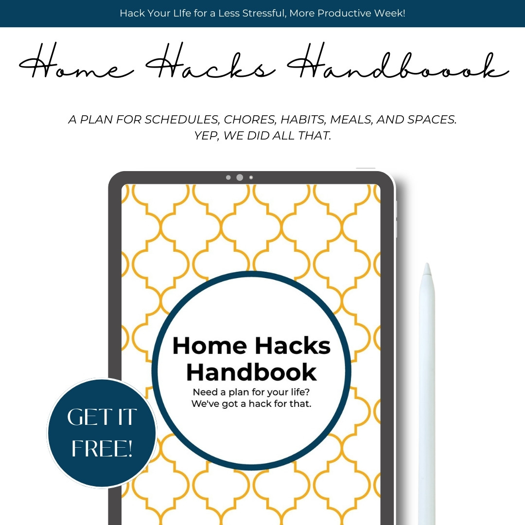 A digital device screen showing the cover page of the home hacks handbook, notes it is free and printable.