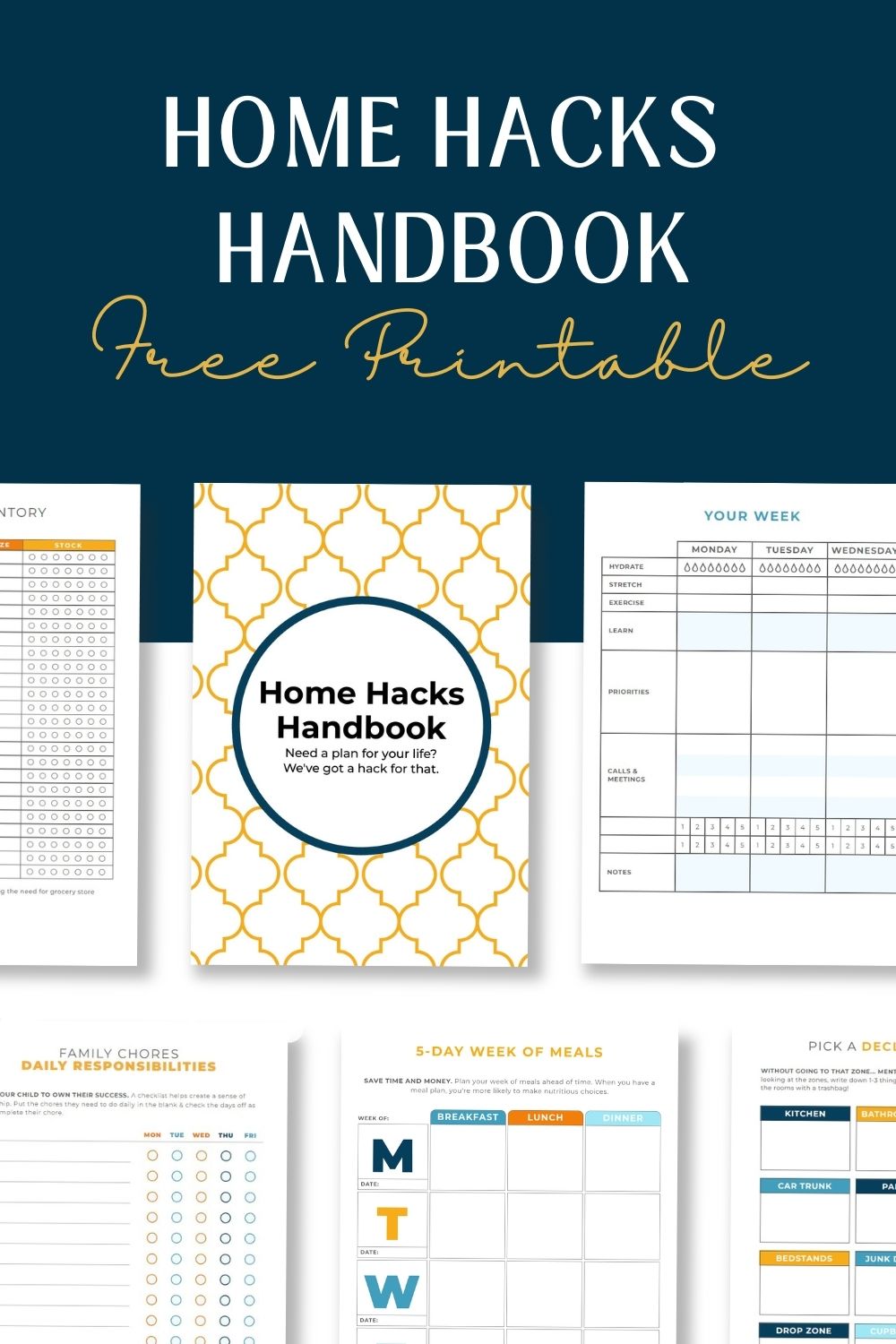 image shows the title and cover for the Home Hacks Handbook - a free printable workbook for organizing your life and home.