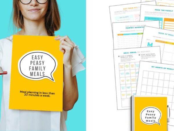Cover page and sample pages from a meal planning printable