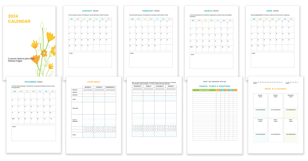 sample pages from the free 2024 monthly printable calendar