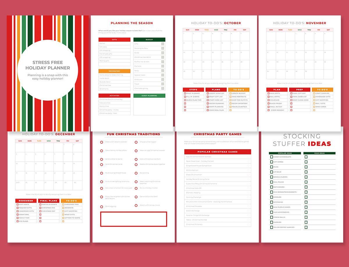 sample pages from the free, printable holiday planning journal