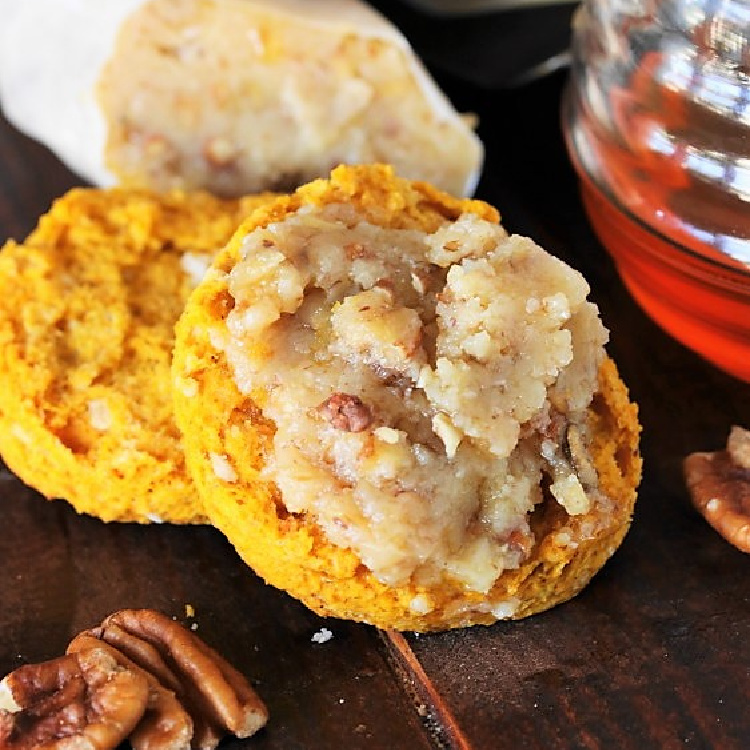 Close up of a biscuit with Pecan Honey Butter.