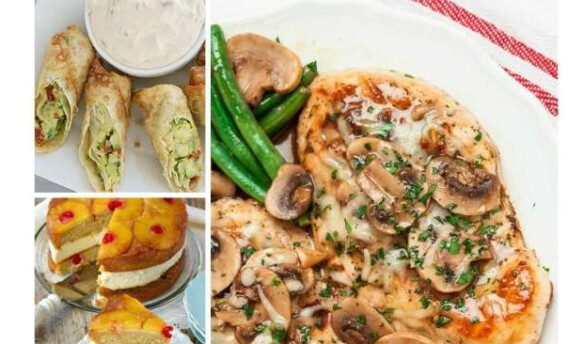 various copycat Cheesecake Factory meals: pineapple upside down cake, spring rolls with dip, and a cheesy pasta dish