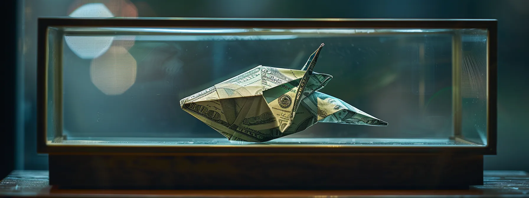 a beautifully crafted origami money gift displayed in a glass shadow box, showcasing intricate folds and thoughtful presentation. a beautifully crafted origami money gift displayed in a glass shadow box, showcasing intricate folds and thoughtful presentation.