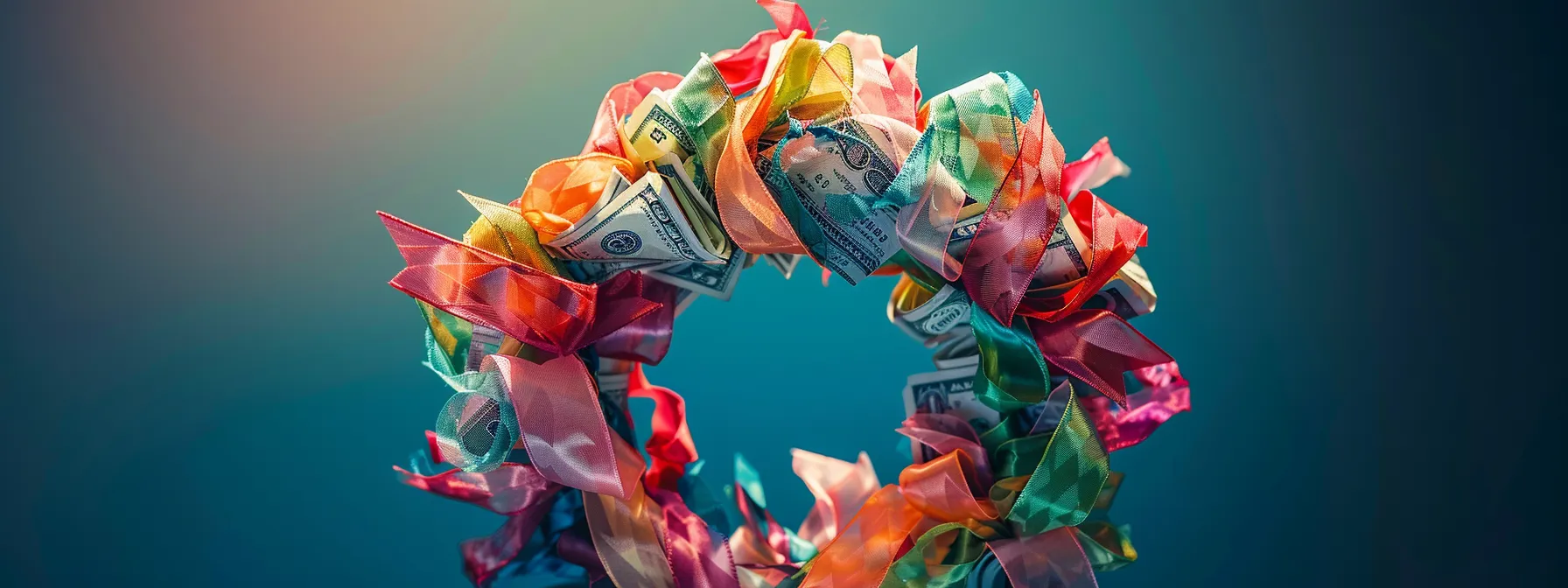 a colorful ribbon-wrapped wreath made of cash and decorative elements, showcasing creativity and sentimentality in homemade money gifts. a colorful ribbon-wrapped wreath made of cash and decorative elements, showcasing creativity and sentimentality in homemade money gifts.