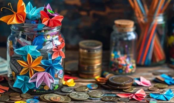 a handcrafted jar filled with colorful origami flowers and paper butterflies, surrounded by art supplies and a stack of bills and coins, all on a rustic wooden table.