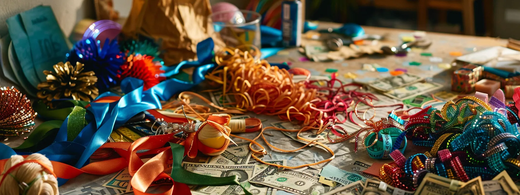 a table scattered with colorful ribbons, decorative items, and eco-friendly materials, with various currency denominations neatly arranged, ready for creating unique money gifts. a table scattered with colorful ribbons, decorative items, and eco-friendly materials, with various currency denominations neatly arranged, ready for creating unique money gifts.