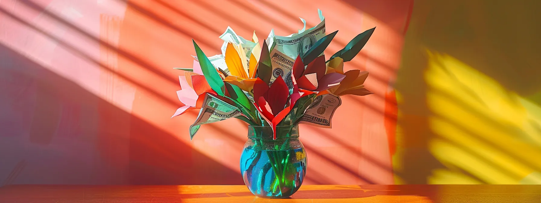 a vibrant cash bouquet with colorful bills and decorative paper flowers in a stylish vase. a vibrant cash bouquet with colorful bills and decorative paper flowers in a stylish vase.